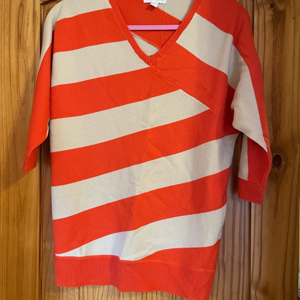 Orange and Cream Striped V-Neck Sweater